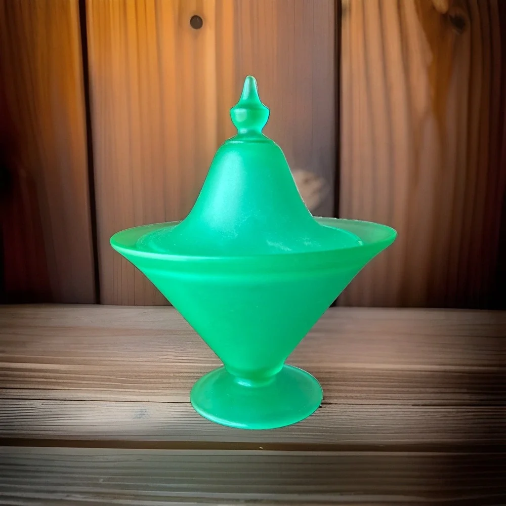 Uranium Glass Footed Compote Covered Candy Dish ART DECO Satin Glass 8 1/2